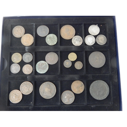 64B - A Tray containing a quantity of coins including: George I Half Penny 1720, George II Silver Shilling... 