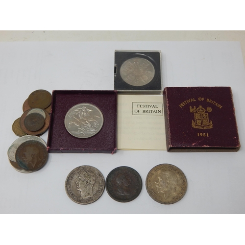 64E - KGV Silver Rocking Horse Crown 1935, Silver 5 Francs 1830, George III Penny 1806 etc