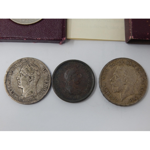 64E - KGV Silver Rocking Horse Crown 1935, Silver 5 Francs 1830, George III Penny 1806 etc