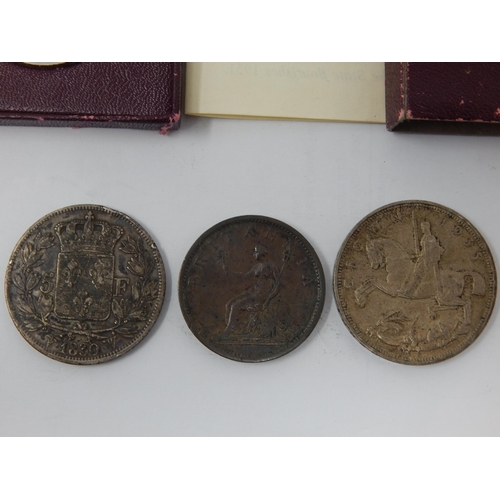 64E - KGV Silver Rocking Horse Crown 1935, Silver 5 Francs 1830, George III Penny 1806 etc