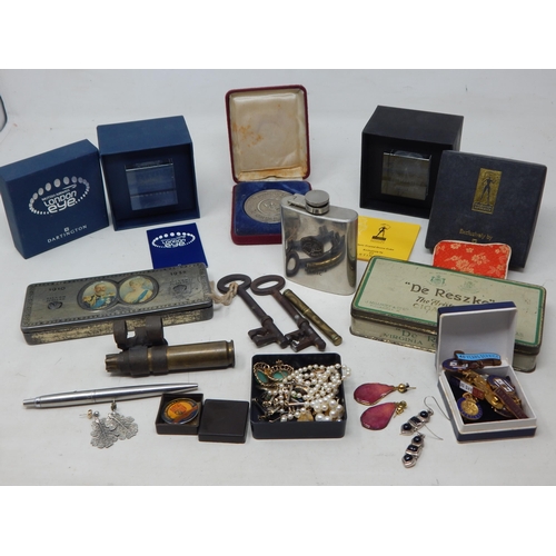 445 - A Small Quantity of Costume Jewellery together with Vintage Tins, Antique Keys, Hip Flask, Badges, A... 