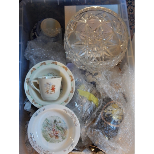 447 - A Large Plastic Tub containing an assortment of Ceramics & Glassware Including Peter Rabbit Set, Del... 