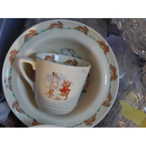 447 - A Large Plastic Tub containing an assortment of Ceramics & Glassware Including Peter Rabbit Set, Del... 