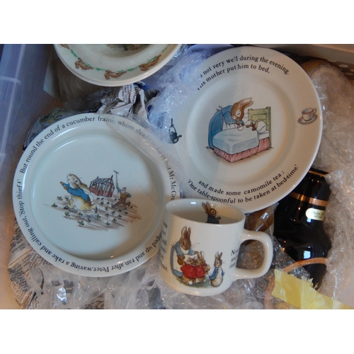 447 - A Large Plastic Tub containing an assortment of Ceramics & Glassware Including Peter Rabbit Set, Del... 