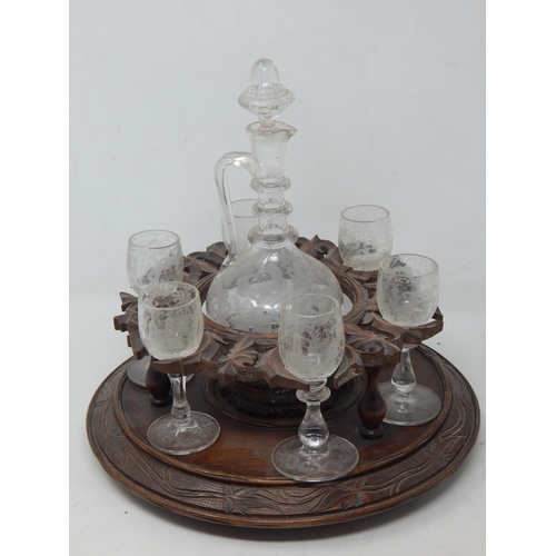 448 - 19th Century Etched Glass Liquer Set comprising 6 glasses & three ring necked decanter & stopper: Al... 