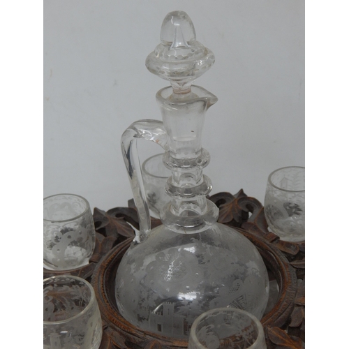 448 - 19th Century Etched Glass Liquer Set comprising 6 glasses & three ring necked decanter & stopper: Al... 