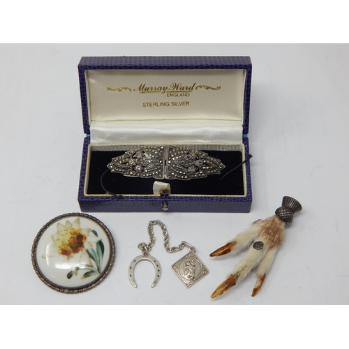 453 - Art Deco Sterling Silver Marcasite Brooch which converts to two clips together with further items of... 