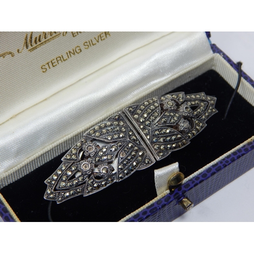 453 - Art Deco Sterling Silver Marcasite Brooch which converts to two clips together with further items of... 