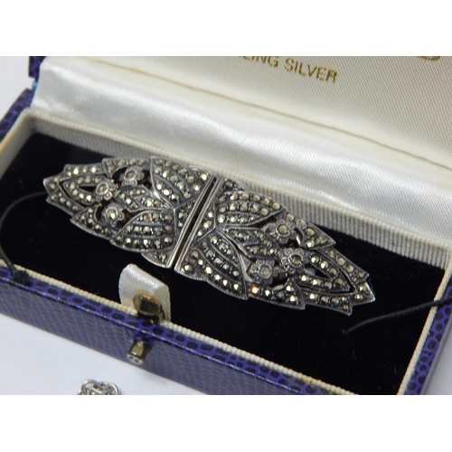 453 - Art Deco Sterling Silver Marcasite Brooch which converts to two clips together with further items of... 