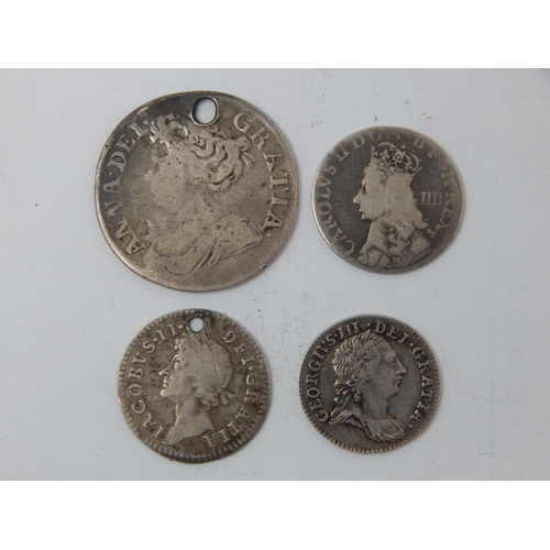 99M - James II Silver Fourpence 1686, Queen Anne Silver Shilling 1711, Charles II Groat, George III Silver... 