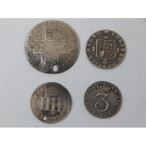 99M - James II Silver Fourpence 1686, Queen Anne Silver Shilling 1711, Charles II Groat, George III Silver... 