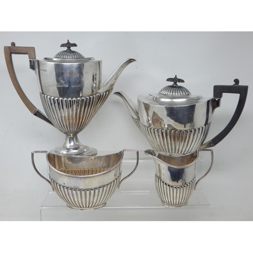 100A - Hallmarked Silver Matched Four Piece Tea & Coffee Service Comprising: Tea Pot, Coffee Pot, Twin Hand... 