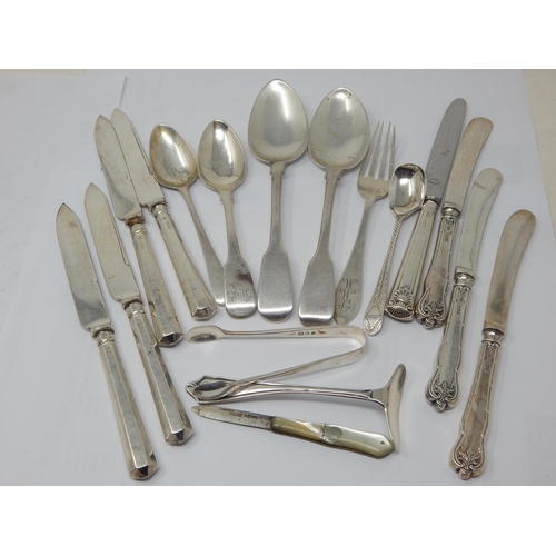 100E - A Small Quantity of Silver Flatware (192g) together with a Silver Bladed Fruit Knife & Silver Handle... 