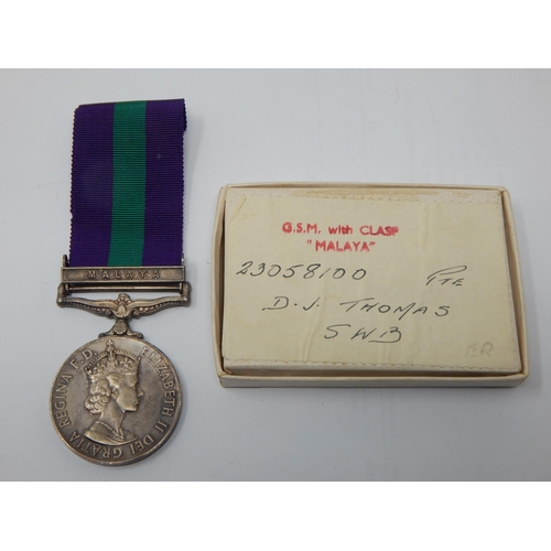 458 - QEII General Service Medal with Malaya Clasp Awarded & Edge Named to: 23058100 PTE D.J THOMAS. SWP i... 