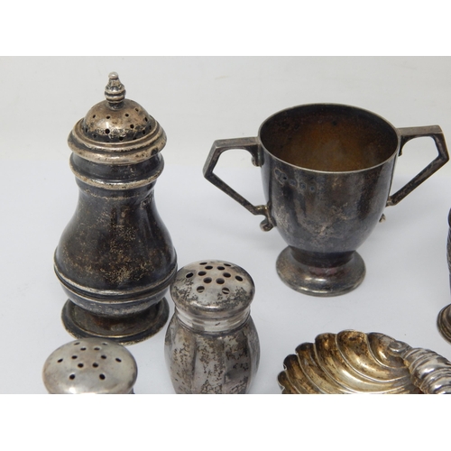 117 - A Quantity of Hallmarked Silver Condiments & Small Trophy Cup: Various Dates & Makers: Weight 148g