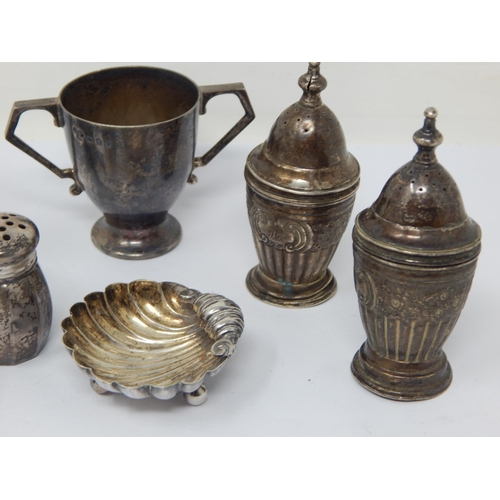 117 - A Quantity of Hallmarked Silver Condiments & Small Trophy Cup: Various Dates & Makers: Weight 148g