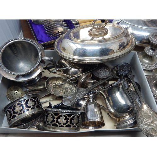 127 - A Large Quantity of Silver Plated Wares Including Tray, Coasters, Pots, Basket, Candlesticks, Condim... 