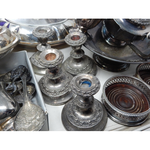 127 - A Large Quantity of Silver Plated Wares Including Tray, Coasters, Pots, Basket, Candlesticks, Condim... 