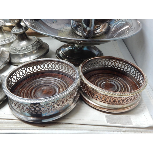 127 - A Large Quantity of Silver Plated Wares Including Tray, Coasters, Pots, Basket, Candlesticks, Condim... 