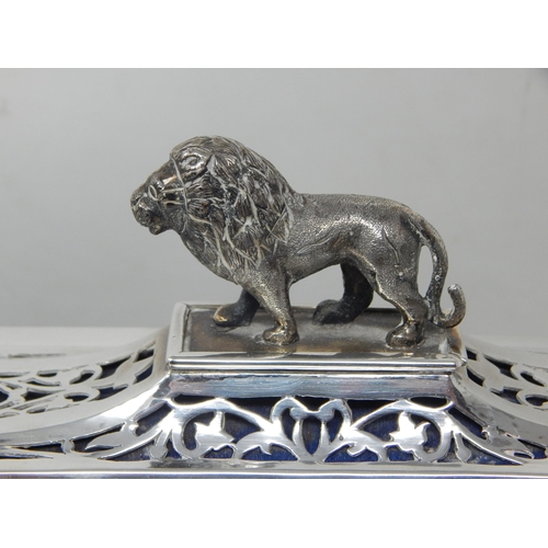 133 - 1930's Indian Silver Casket Surmounted with a Lion Sitting on Four Ball Feet on Hardwood Plinth Cont... 