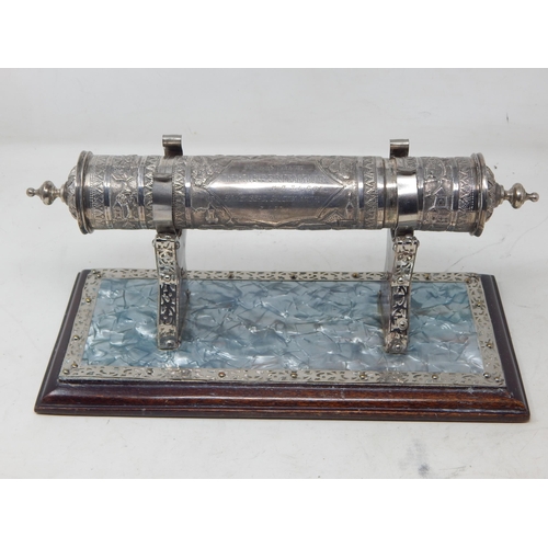 134 - 1930's Indian Silver Scroll Holder on Hardwood Plinth Containing a Scroll Pertaining to: The Honoura... 