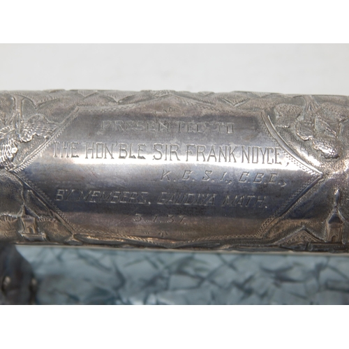 134 - 1930's Indian Silver Scroll Holder on Hardwood Plinth Containing a Scroll Pertaining to: The Honoura... 