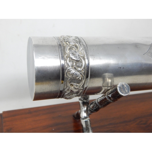 135 - 1930's Indian Silver Cylindrical Scroll Holder resting on Silver Bamboo Supports on Hardwood Plinth ... 