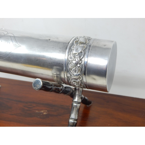 135 - 1930's Indian Silver Cylindrical Scroll Holder resting on Silver Bamboo Supports on Hardwood Plinth ... 