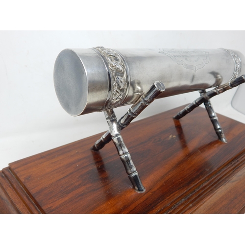 135 - 1930's Indian Silver Cylindrical Scroll Holder resting on Silver Bamboo Supports on Hardwood Plinth ... 