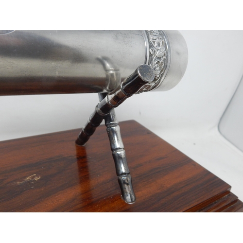 135 - 1930's Indian Silver Cylindrical Scroll Holder resting on Silver Bamboo Supports on Hardwood Plinth ... 