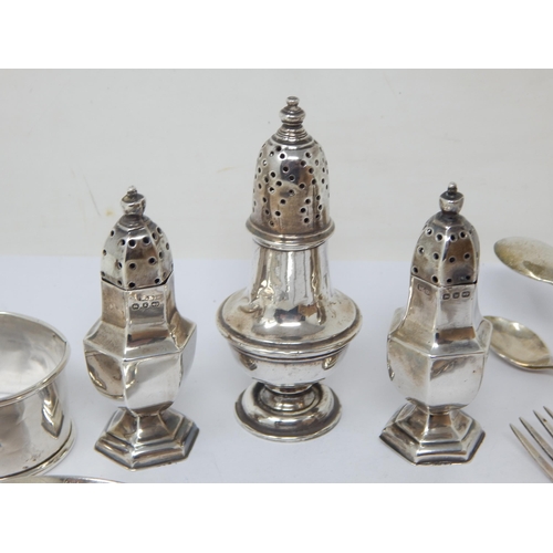 141 - A Group of Hallmarked Silver Including Cheroot Cutter, Tongs, Flatware, Cruets, Napkin Ring etc: Wei... 