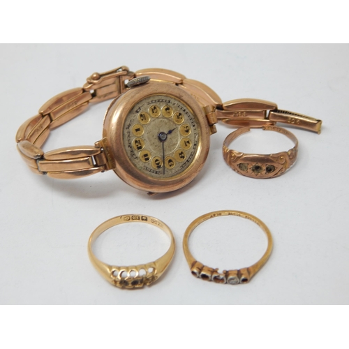 9ct Gold Scrap Watch & Strap with a 9ct Gold Ring (20.58g gross) together with two 18ct Gold Scrap Rings (3.67g)