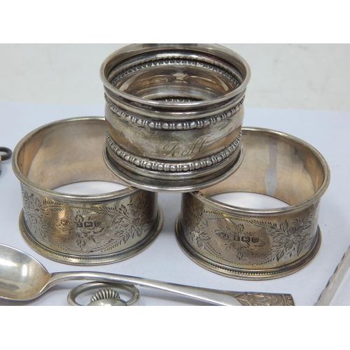 143 - 3 x Hallmarked Silver Napkin Rings, Silver Spoon, White Metal Tongs, Record Pocket Watch etc