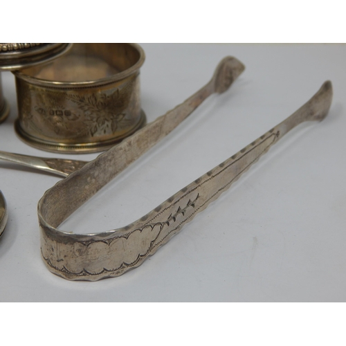 143 - 3 x Hallmarked Silver Napkin Rings, Silver Spoon, White Metal Tongs, Record Pocket Watch etc