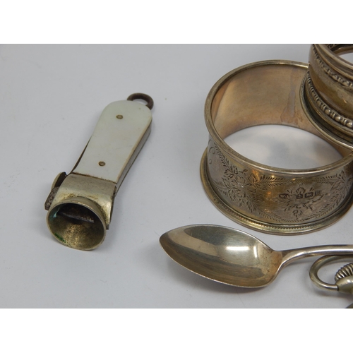 143 - 3 x Hallmarked Silver Napkin Rings, Silver Spoon, White Metal Tongs, Record Pocket Watch etc