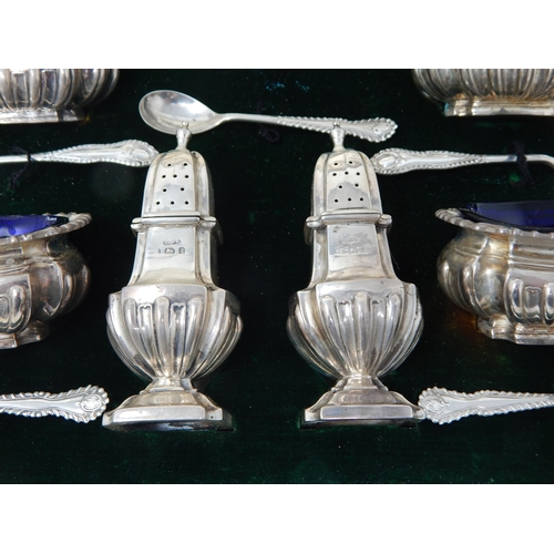 144 - Late Victorian 12 Piece Silver Cruet Set with Cobalt Blue Glass Liners: Hallmarked Birmingham 1900 b... 