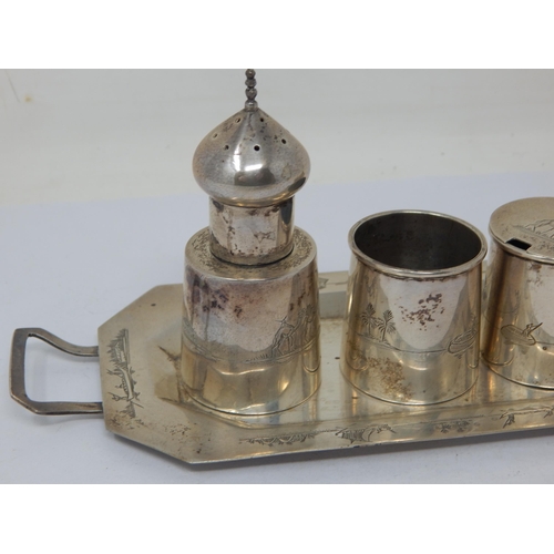 131S - Foreign Silver Three Piece Silver Cruet & Stand: Weight 172g