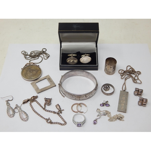 259 - Quantity of Silver Jewellery Including: Cufflinks, Bangle, Ingot, Chains, Charm Bracelet etc