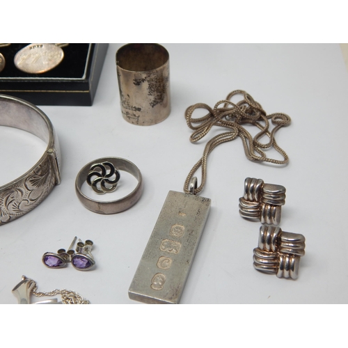 259 - Quantity of Silver Jewellery Including: Cufflinks, Bangle, Ingot, Chains, Charm Bracelet etc