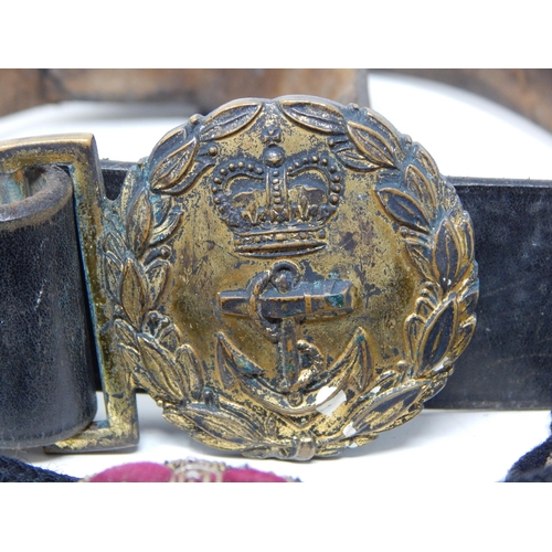 391 - Leather Naval belt with Brass Buckle together with a Quantity of Naval Badges