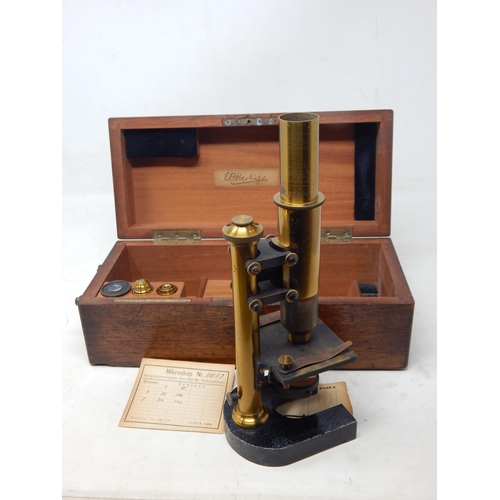 395 - Late 19th century E. Leitz Microscope with Lenses in Fitted Mahogany Case with Retailers Label: 