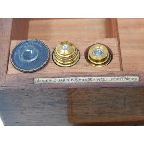 395 - Late 19th century E. Leitz Microscope with Lenses in Fitted Mahogany Case with Retailers Label: 