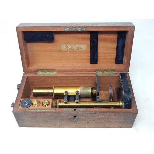 395 - Late 19th century E. Leitz Microscope with Lenses in Fitted Mahogany Case with Retailers Label: 