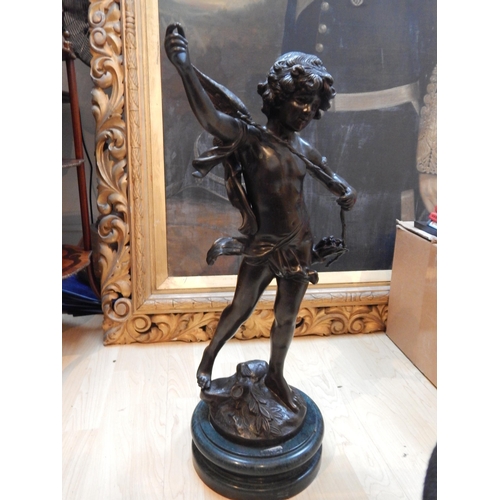 386 - Signed Large Bronze Figure of a Winged Putto on Marble Base: Signed F Moreau: Height 70cm