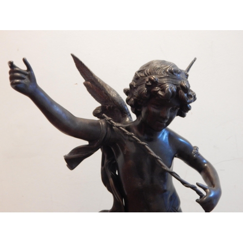 386 - Signed Large Bronze Figure of a Winged Putto on Marble Base: Signed F Moreau: Height 70cm