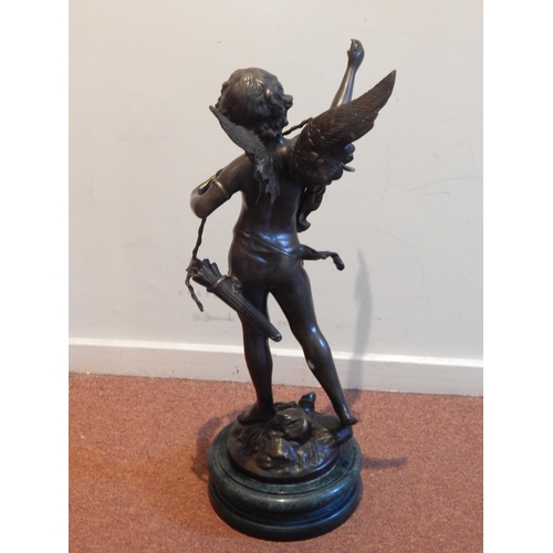 386 - Signed Large Bronze Figure of a Winged Putto on Marble Base: Signed F Moreau: Height 70cm