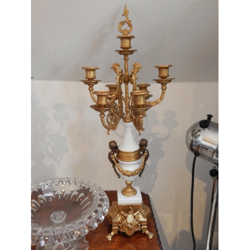 388 - A Pair of Gilt Bronze & White Marble Seven Light Candelabra with Cast Figural Decoration: Height 68c... 