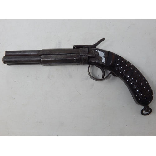 371 - 19th Century Three Barrel Percussion Pistol c.1850 with Silver Inlay to the Action & Stock