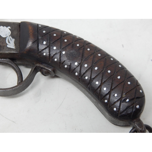 371 - 19th Century Three Barrel Percussion Pistol c.1850 with Silver Inlay to the Action & Stock