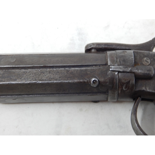 371 - 19th Century Three Barrel Percussion Pistol c.1850 with Silver Inlay to the Action & Stock